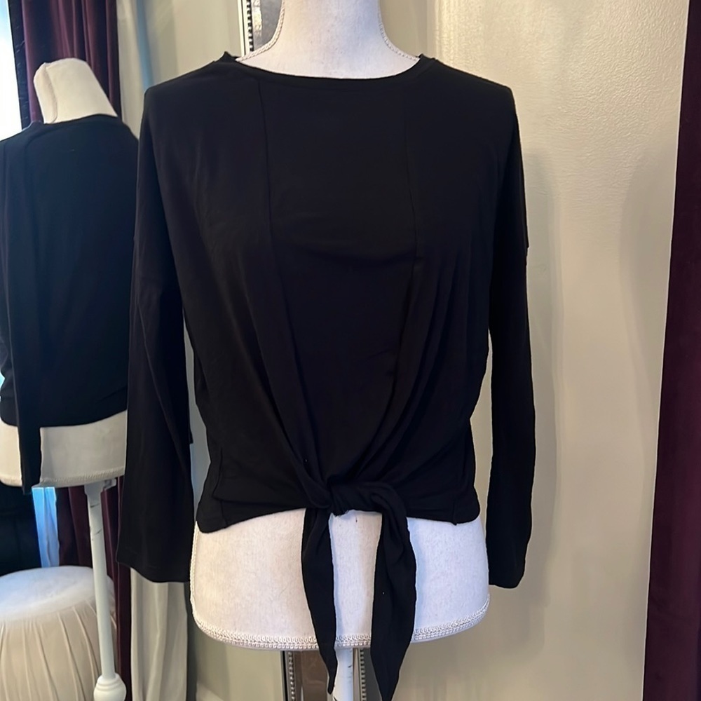 Banana Republic Cozy Slub Black 3/4 Sleeve Tie-Front Top Size Small